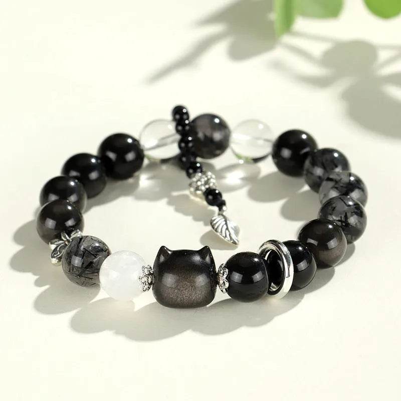 Silver stone crystal bracelet with fox charm featuring white, pink and navy blue beads
