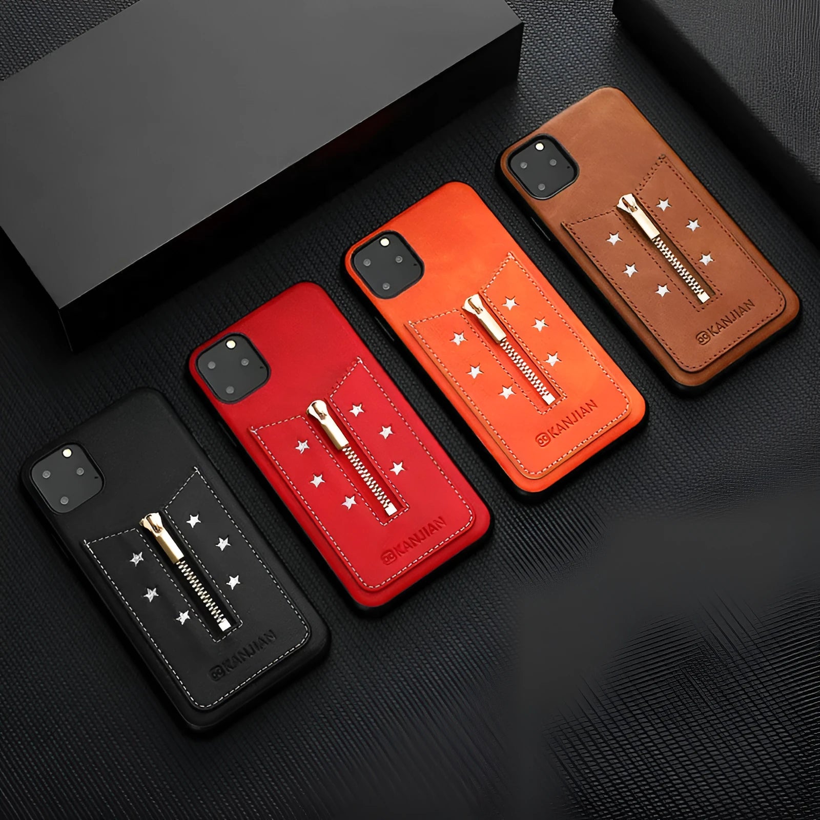 Black PU leather zipper phone case for iPhone and Samsung Galaxy Note models.