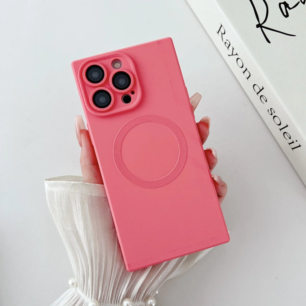 Solid colour square magnetic phone case for Apple iPhone with TPU material, showing black variant