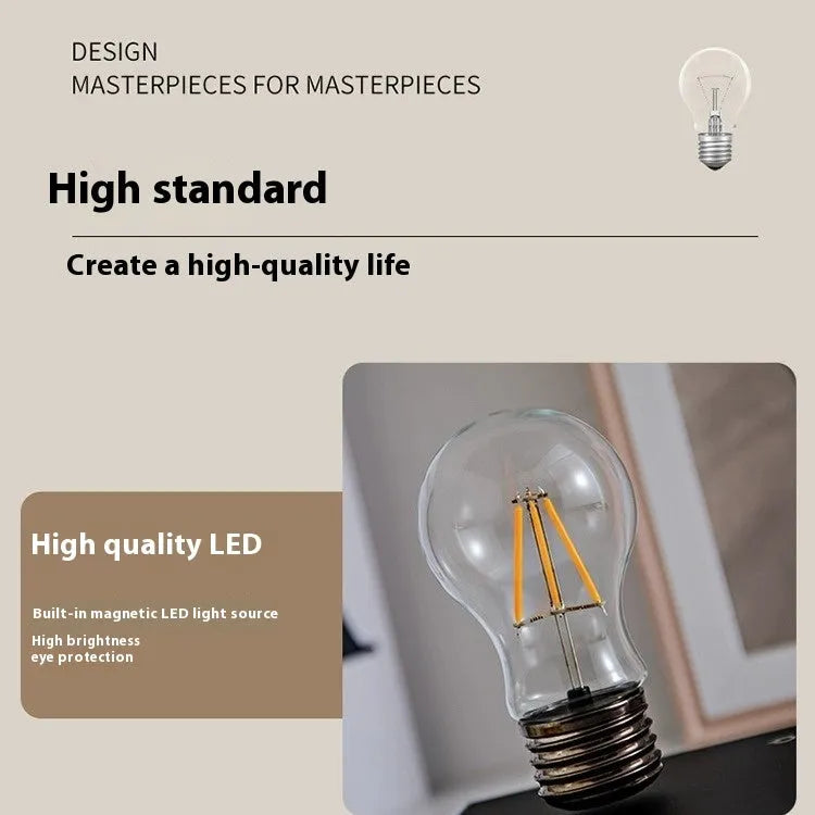 Creative suspension bulb night lamp with iron art construction on black square wooden base