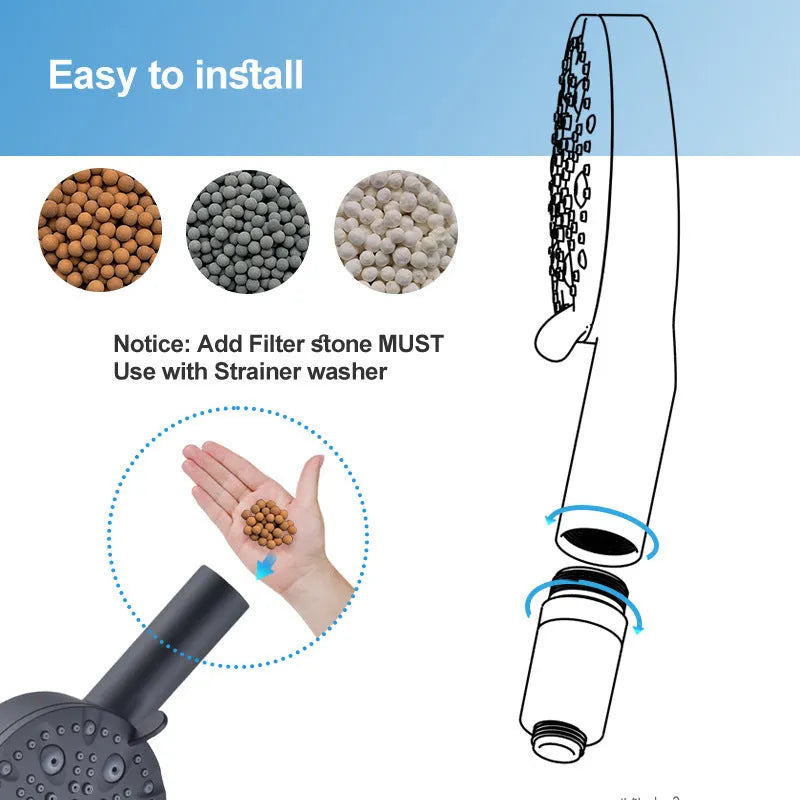 Dark matte black hand-held shower head set with filter, bracket, and hose on a white background
