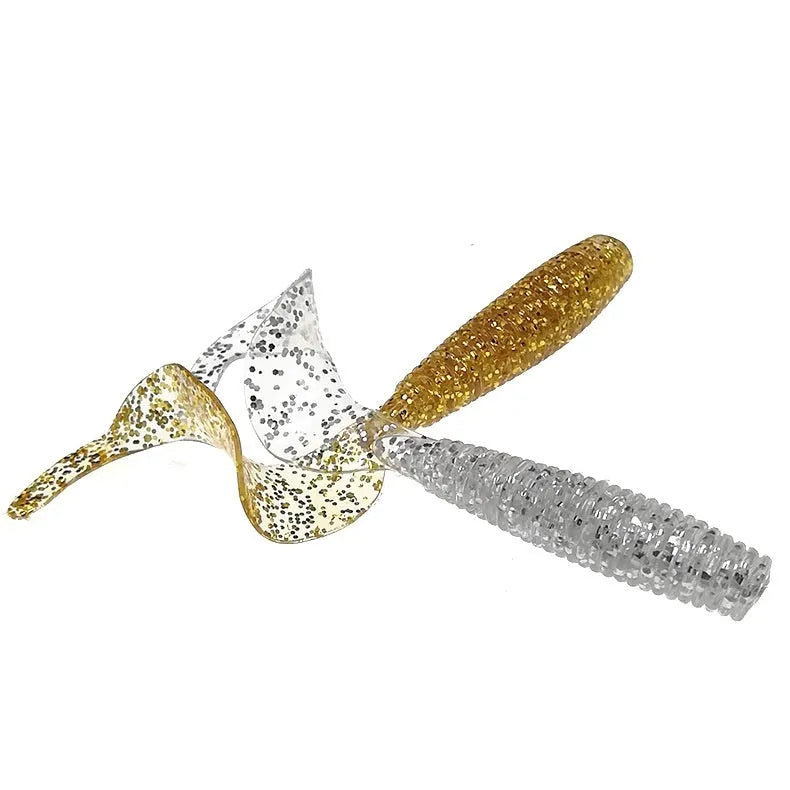 Soft worm rolled tail fishing lure in flash gold colour, 7.5cm size, with segmented PVC body and tapered tail