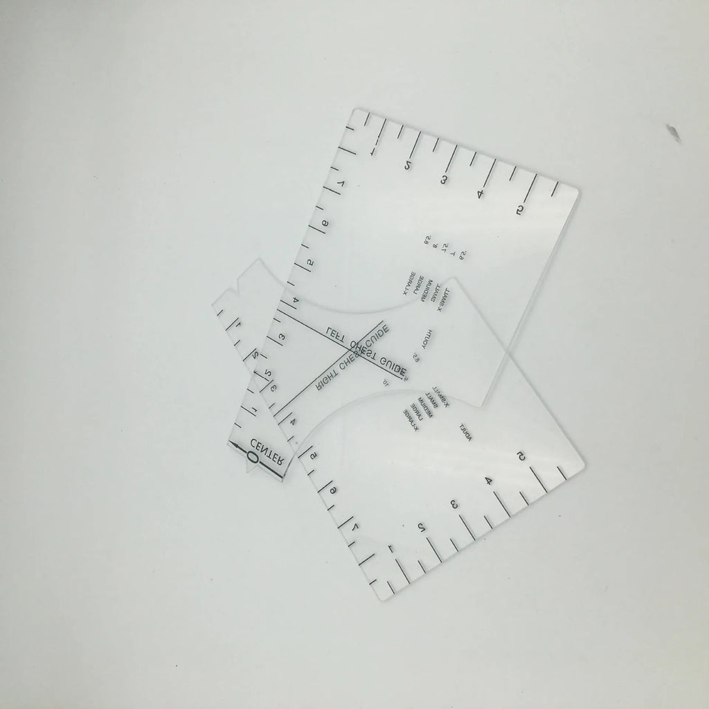 Transparent acrylic sewing patch ruler measuring 10x6 inches for T-shirt alignment and garment construction