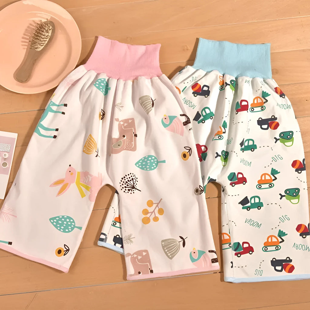Blue car print training pants with wide elastic waistband for babies 0-5 years