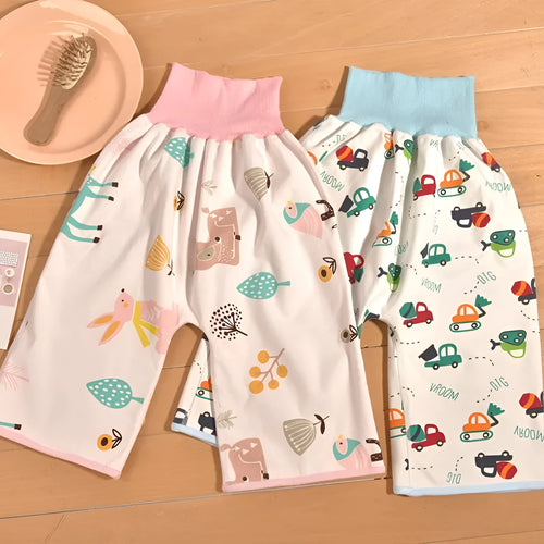Blue car print training pants with wide elastic waistband for babies 0-5 years