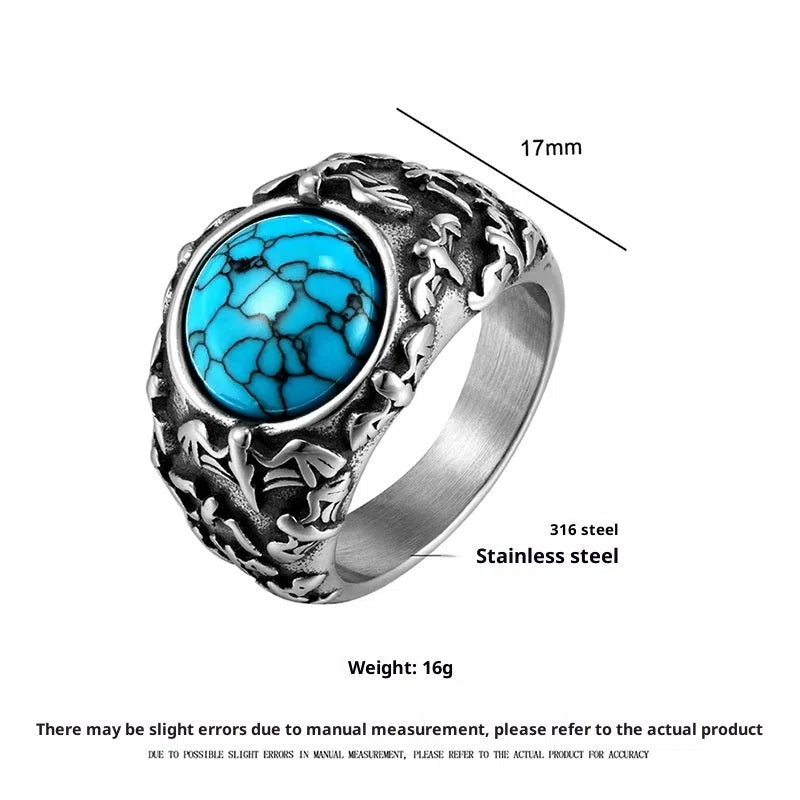 Retro titanium steel ring in steel colour, unisex design, showing surface detailing on solid metal band.