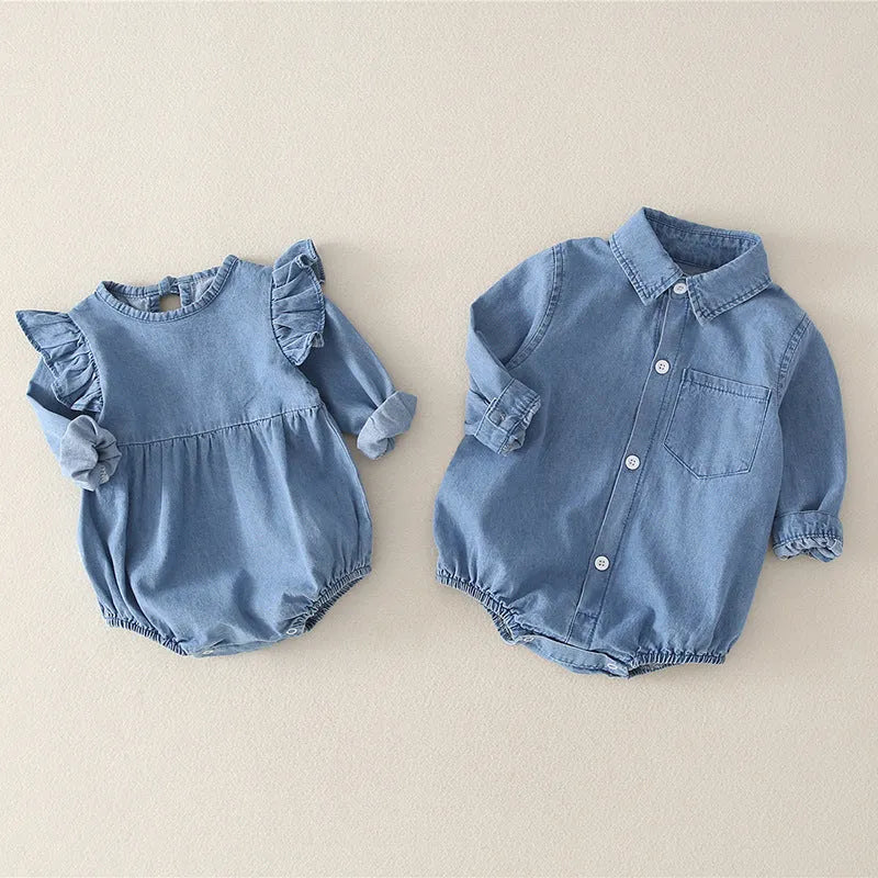 Baby girl jeans climbing suit in cotton with triangular cut for 66-90cm height