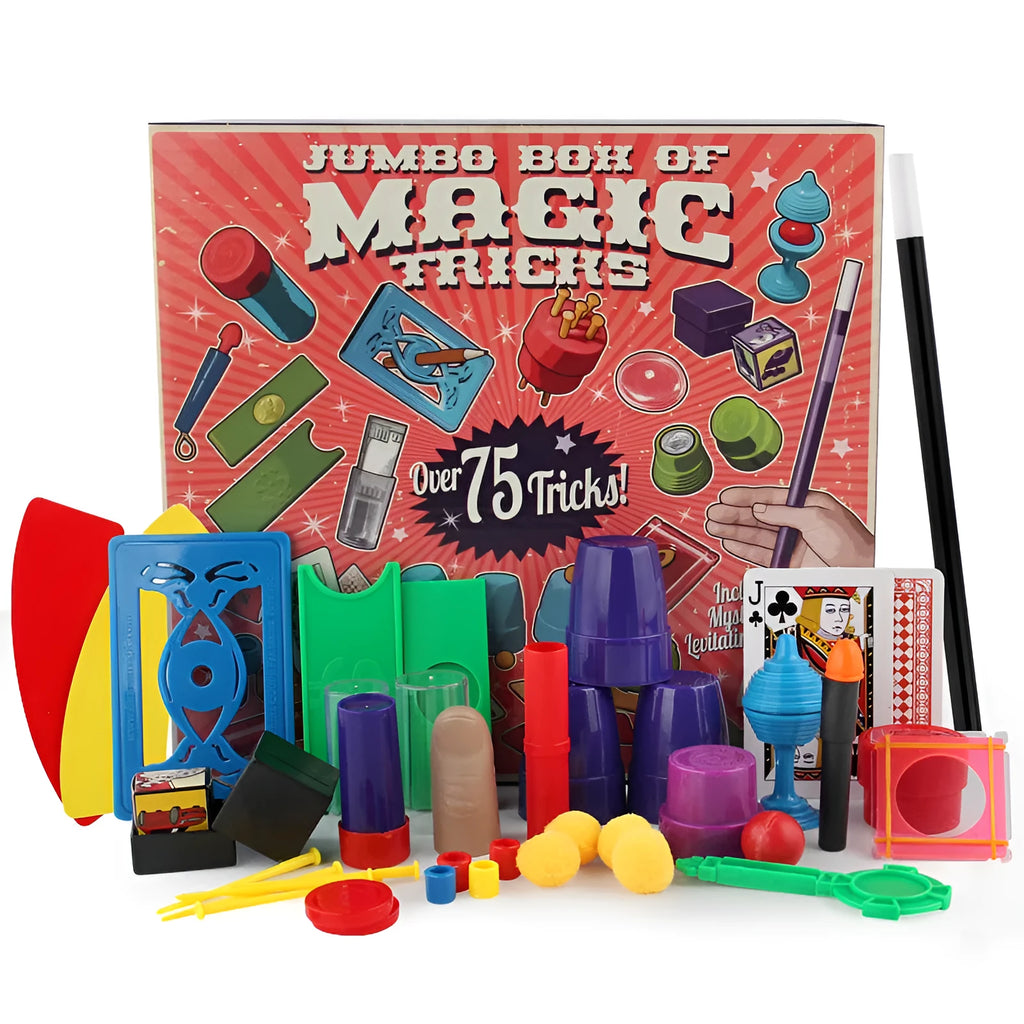 Purple and red magic prop set for children aged 3-7 years in cardboard carton packaging