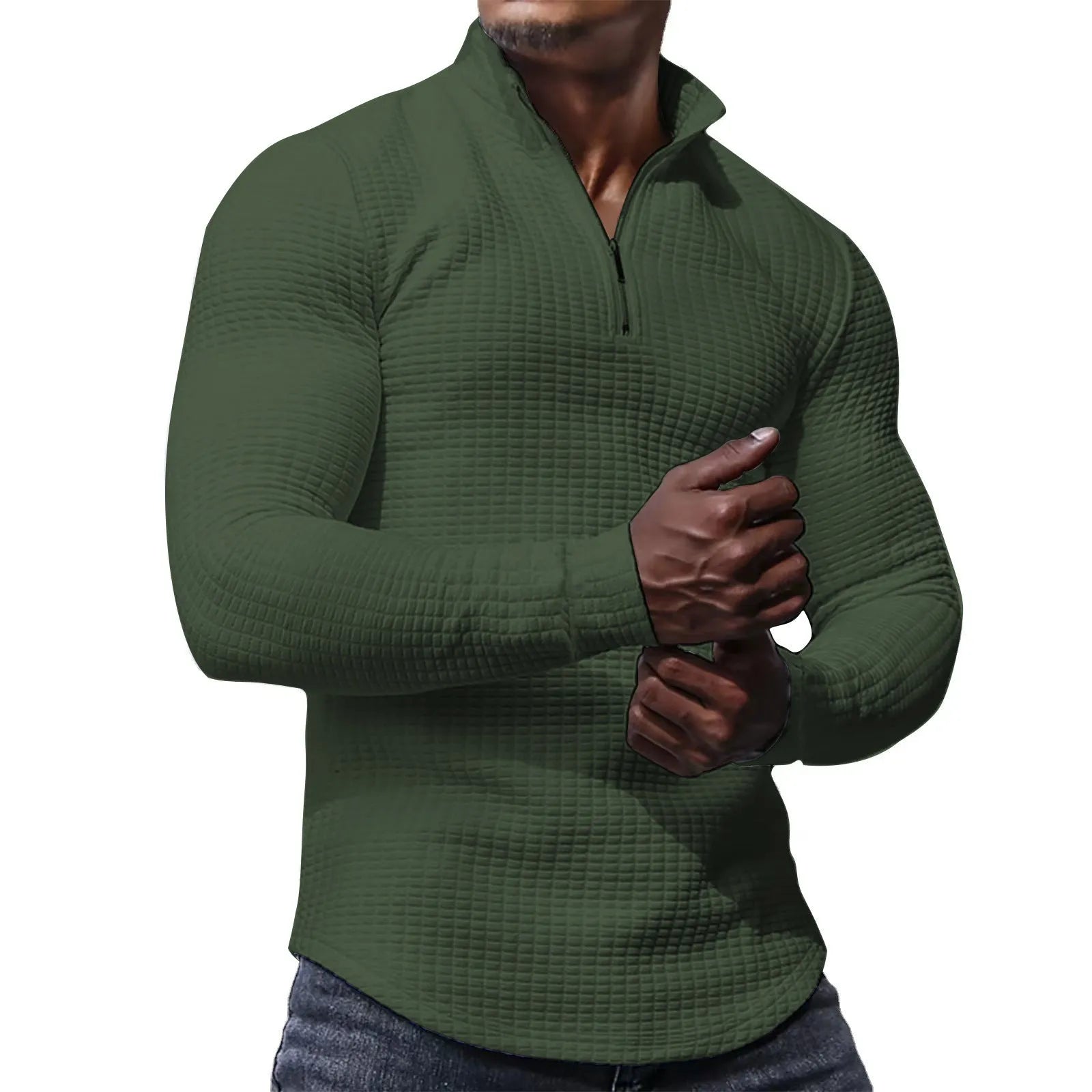 Men's stand collar half zip plaid sweater in polyester, available in multiple colours, front view