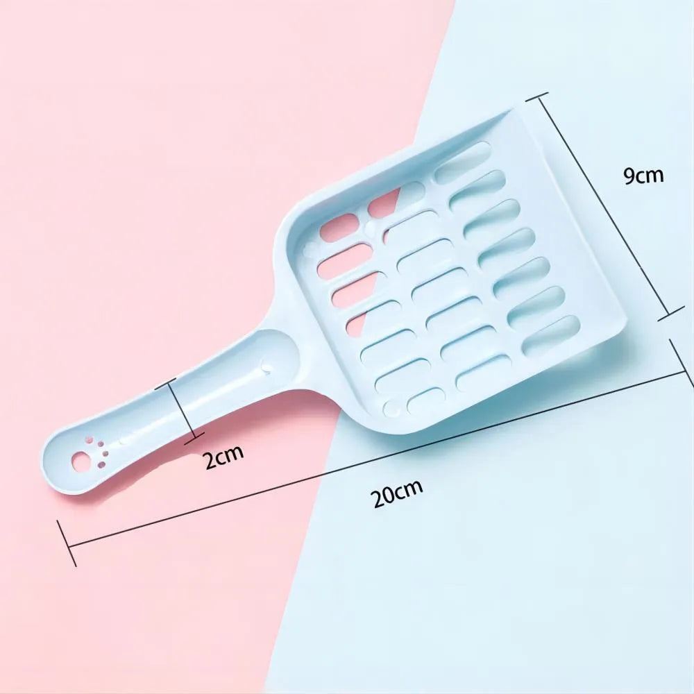 Plastic cat litter scoop in blue, green, or pink colours showing 20cm length