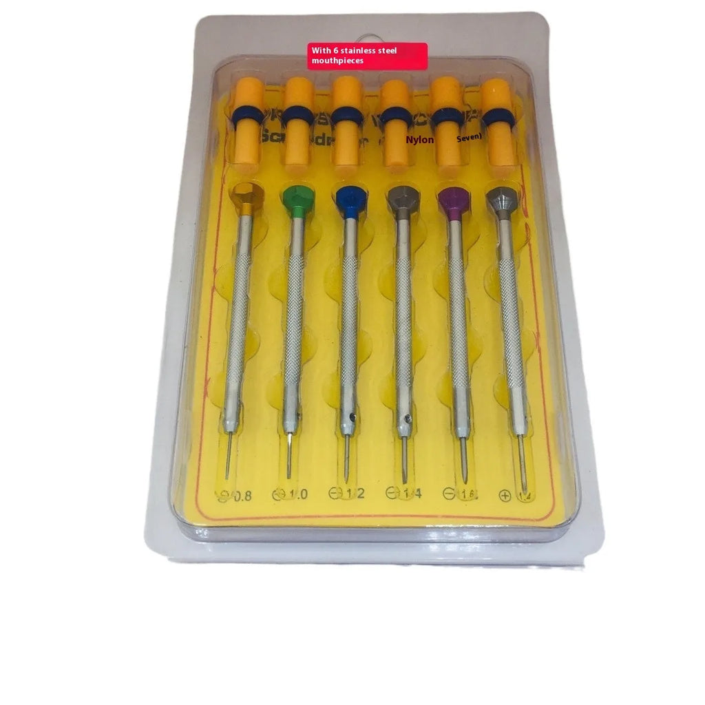 6-piece watch repair screwdriver set with colour aluminium suit and copper handles