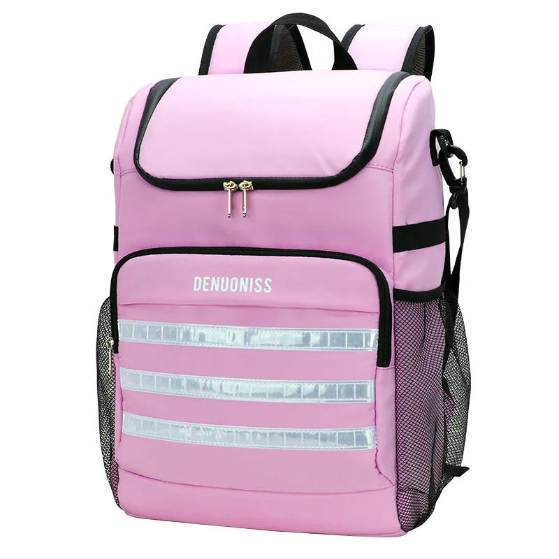 Black cloth backpack with a shoulder strap bottle opener, shown alongside lake blue, pink, and watermelon red colour variants.