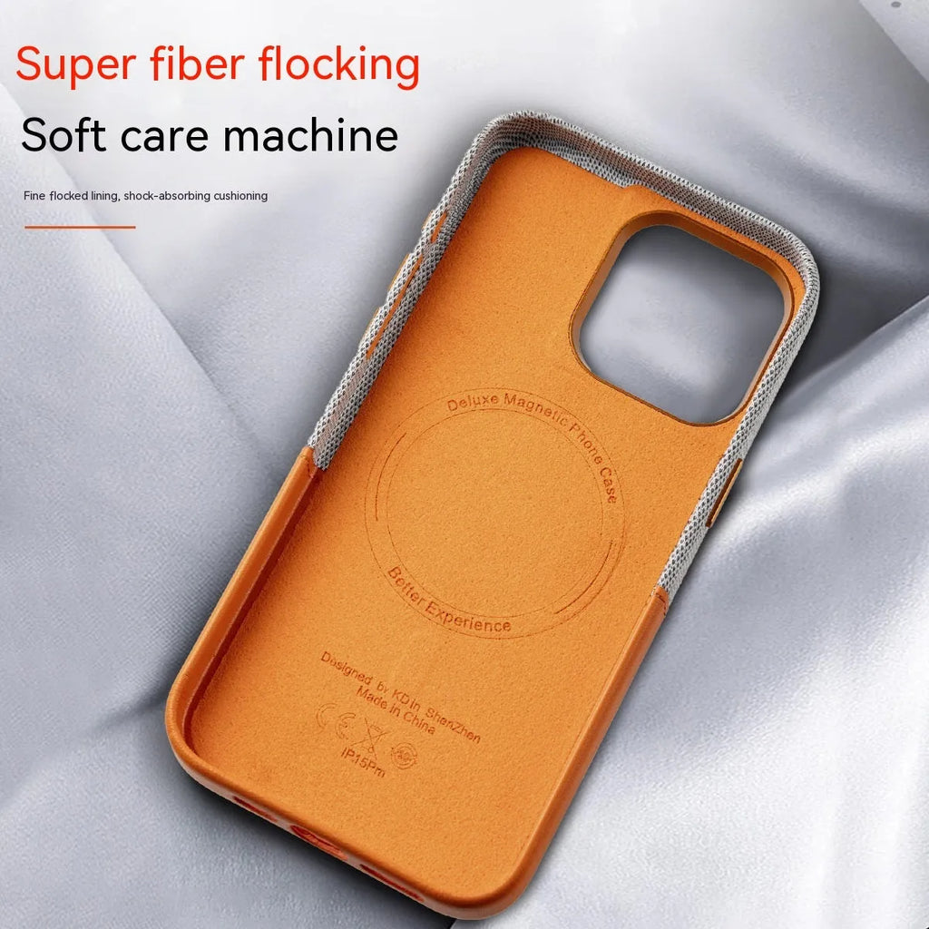 Leather magnetic card phone case in orange colour matching with card holder on back for iPhone