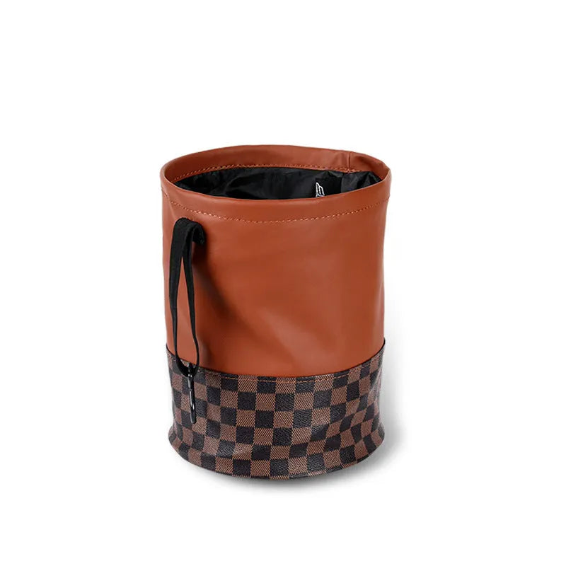 Retractable leather car bin in folded and expanded states showing handle and waterproof construction
