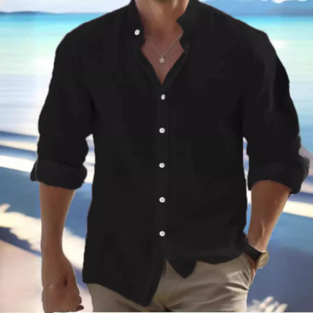 Men's long-staple cotton pullover beach shirt in light blue with button front and stitching details
