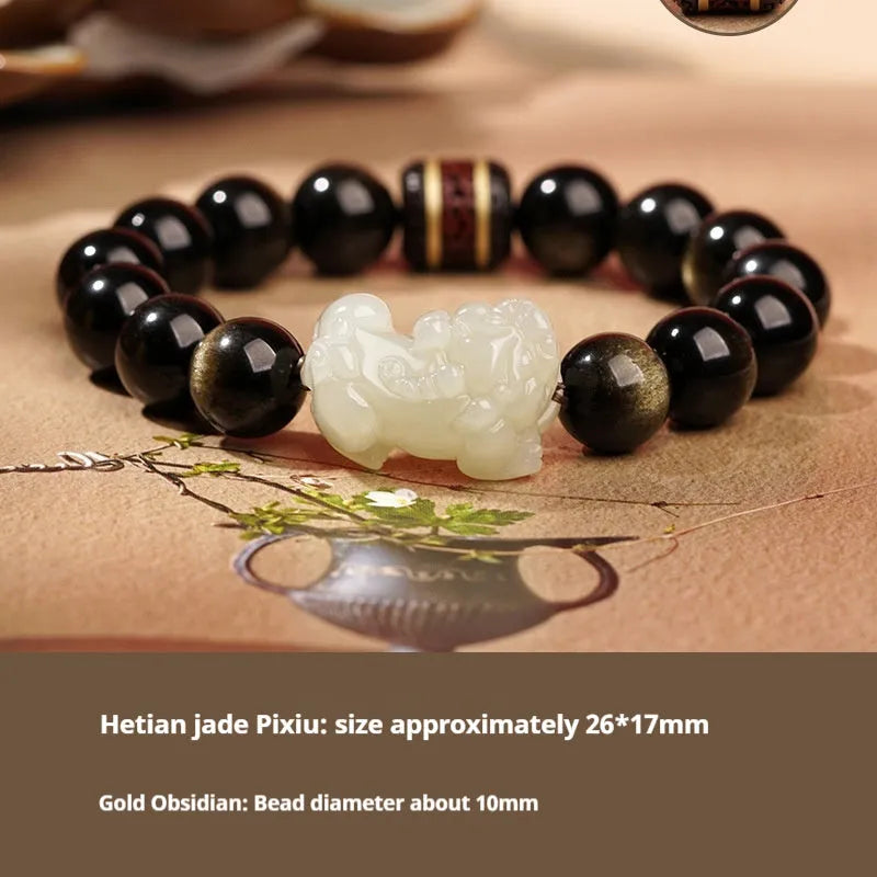 Traditional Chinese Hetian jade bracelet with black and red braided ropes and jade beads on elastic cord