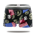 Cartoon print men's boxer briefs in mid-waist style with polyester knit fabric, multiple colour options