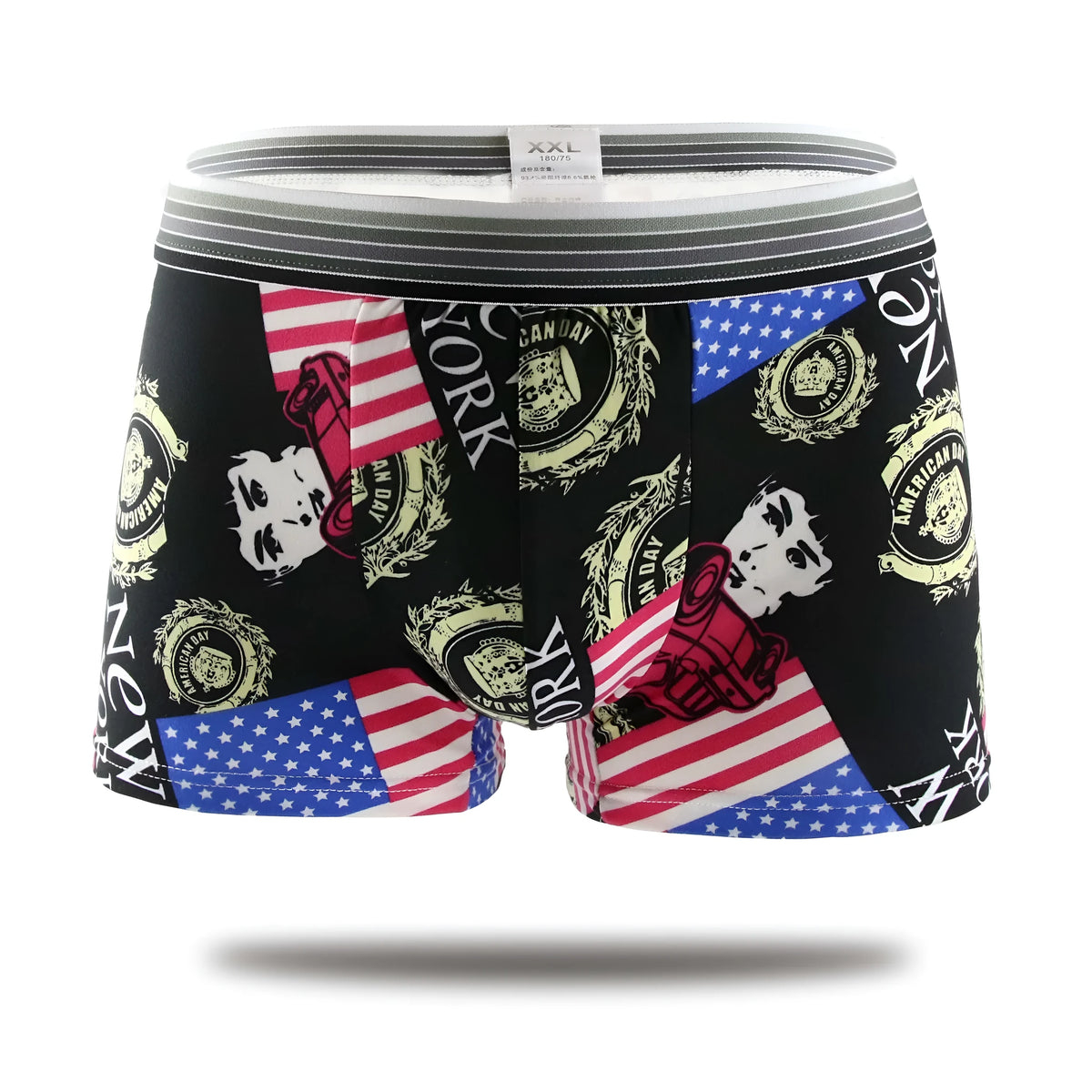 Cartoon print men's boxer briefs in mid-waist style with polyester knit fabric, multiple colour options