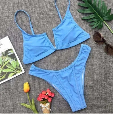 Multi-Color optional bikini swimsuit with strip steel belt and chest pad, available in 15 colours, solid colour open back design