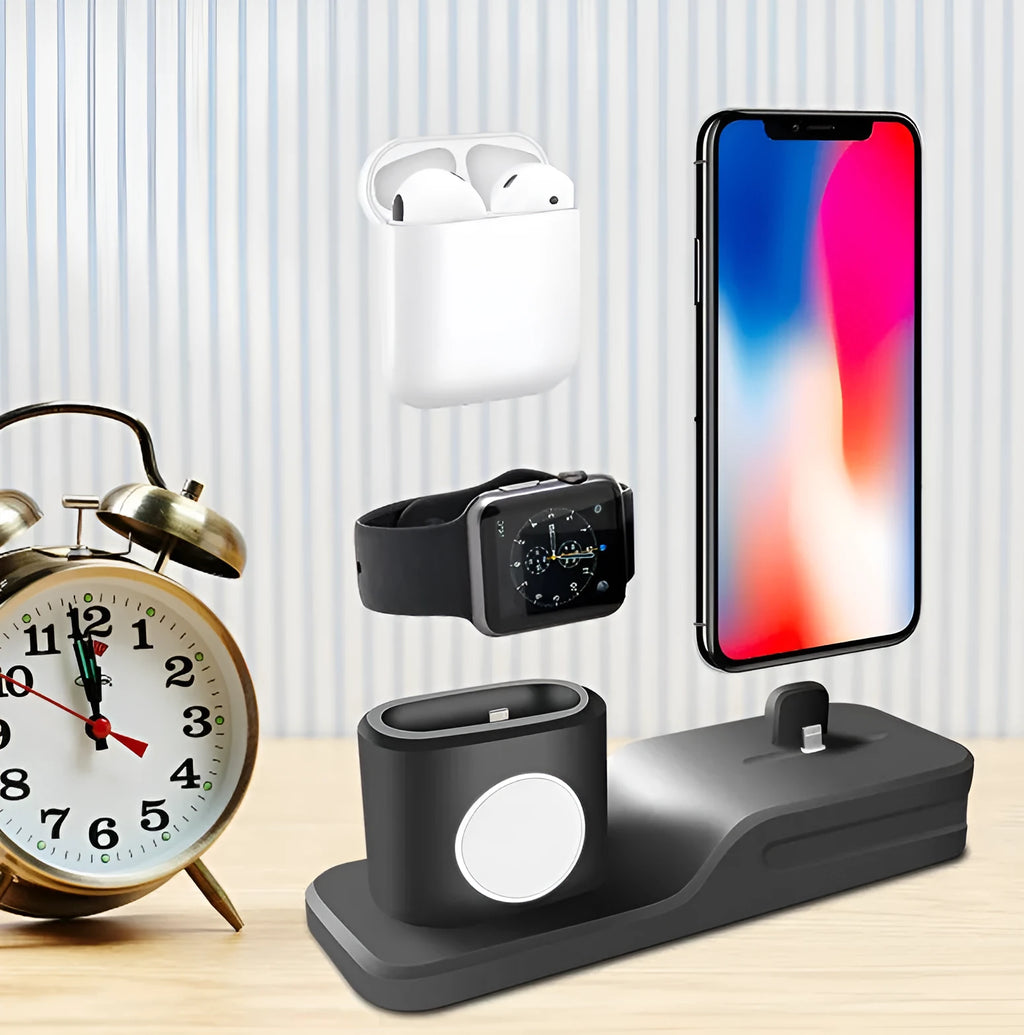 Black silicone 3-in-1 charging station for Apple iPhone, iWatch and AirPods on a desktop