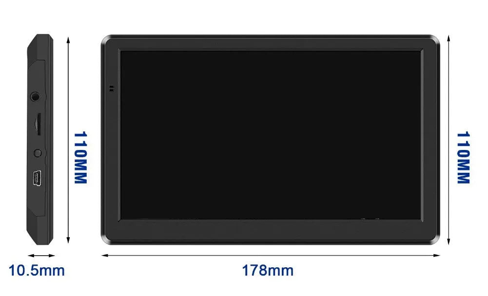 7 inch portable car GPS navigation device with HD touch screen on a windshield bracket.