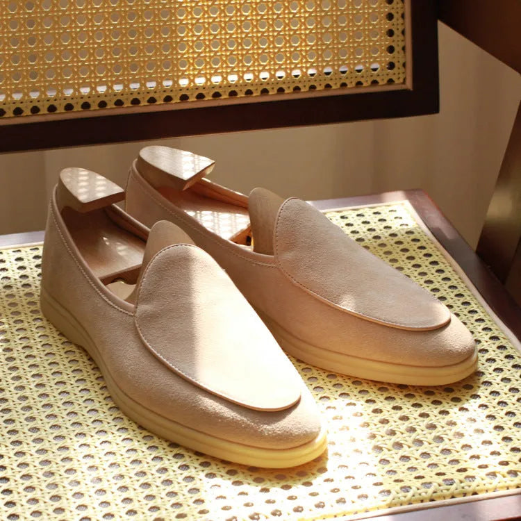 British handmade men's leather loafers in brown with a low-tube sock design and TPR sole.