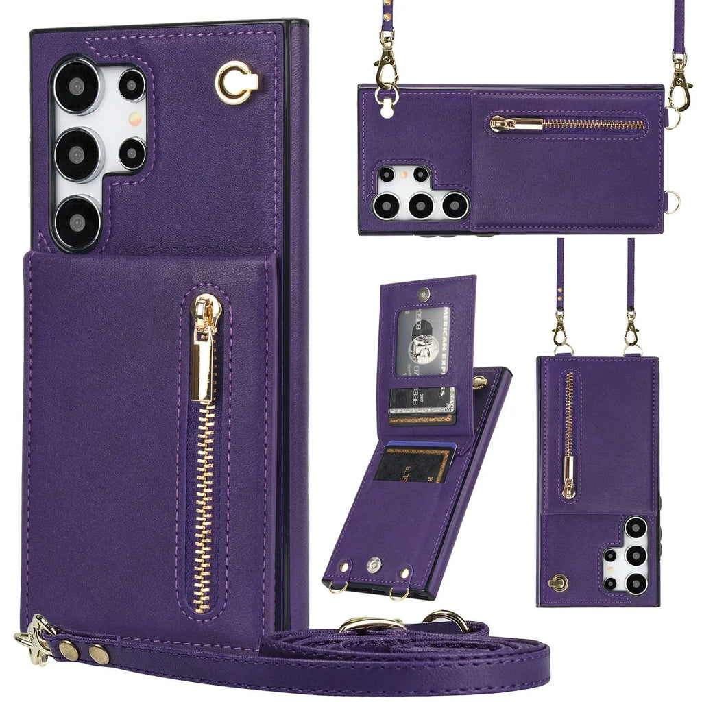 Handmade PU TPU leather Samsung phone case with bracket, card slots and crossbody zipper in multiple colours