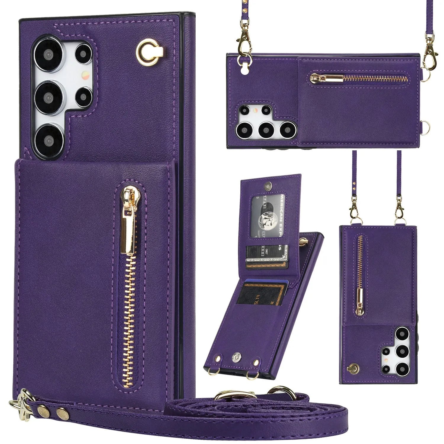 Handmade PU TPU leather Samsung phone case with bracket, card slots and crossbody zipper in multiple colours