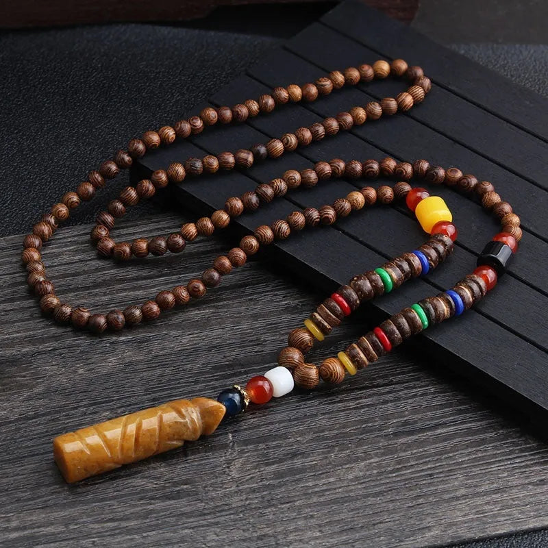 Unisex handmade long bead necklace with Bodhi pendant on chain