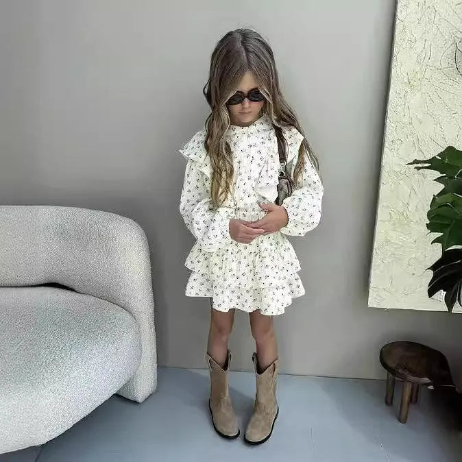 Girls autumn floral lace shirt tiered skirt two-piece cotton set with shorts pullover style