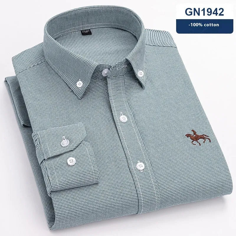 Men's pure cotton Oxford casual shirt on a hanger, showing button front and long sleeves.
