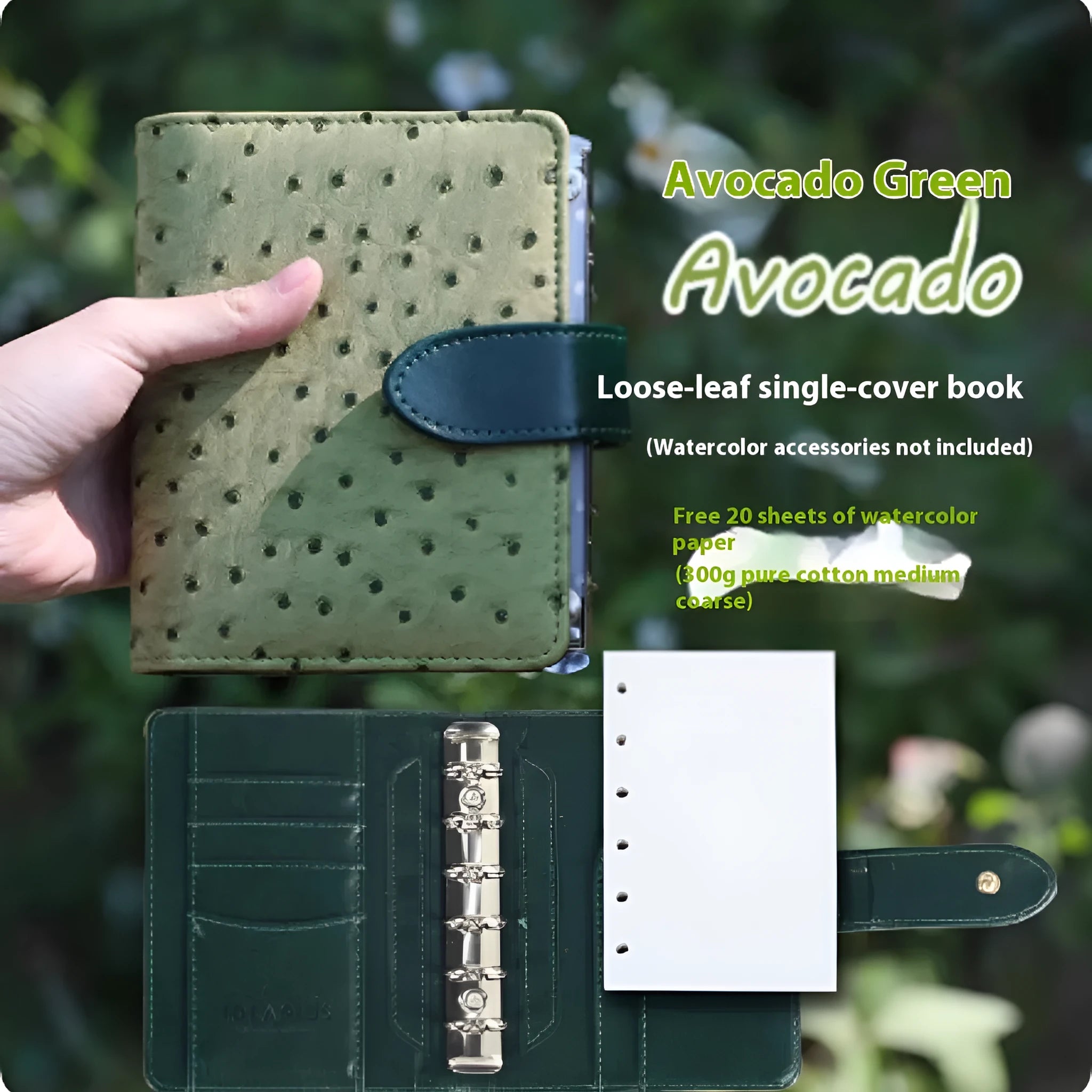 A7 size loose-leaf watercolour sketchbook in avocado green, showing miniature dimensions and removable pages.