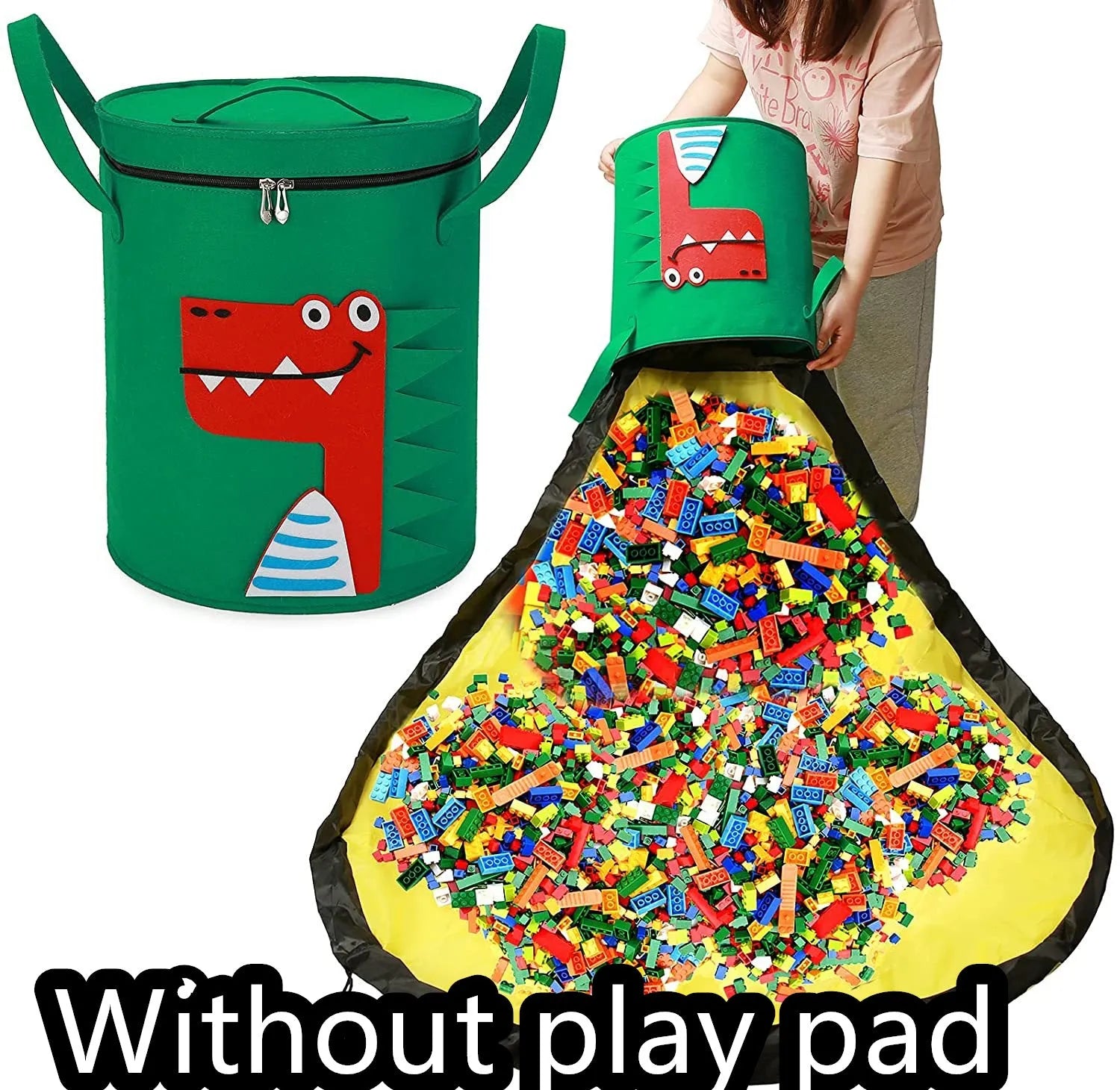 Green felt cube storage bag with pull rope closure shown as toy play mat