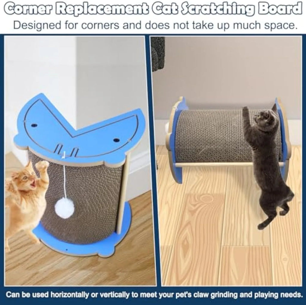 Cat corner scratcher cardboard with hanging ball, placed in a corner, vertical design for kitty scratching and play.