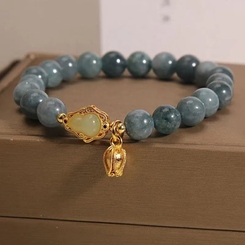 Women's natural stone bracelet with blue gourd lotus flower pendant and electroplated sky blue finish