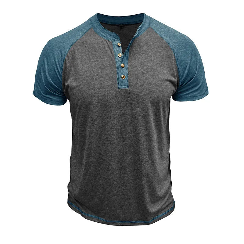 Men's short sleeve colour block pullover top with raglan sleeves on a mannequin.