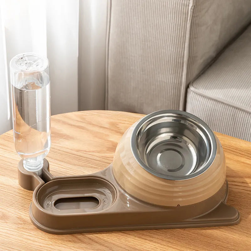 Brown cat food bowl set with elevated bowl and water dispenser bottle on floor