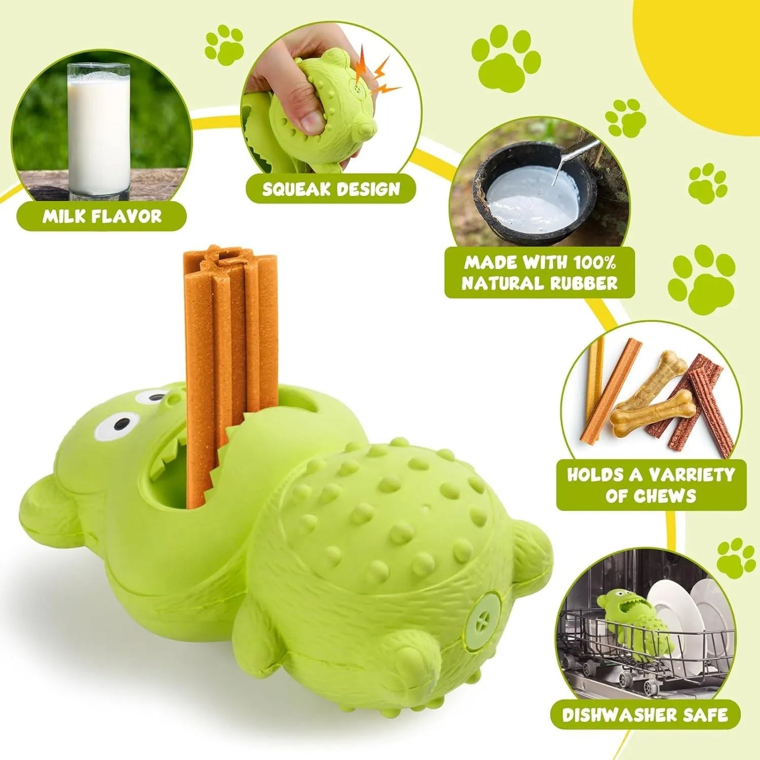 Green and yellow thick natural rubber dog chew toy for aggressive chewers with squeaker.