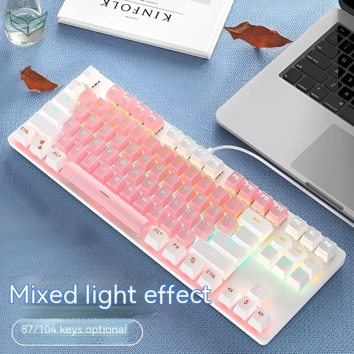 87 key mechanical keyboard with green axis switches, blue white mixed light, compact plastic build