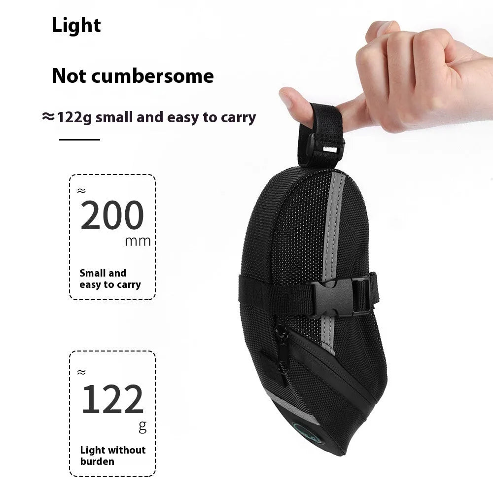 Black polyester bicycle saddle bag with quick release mount under a bike seat
