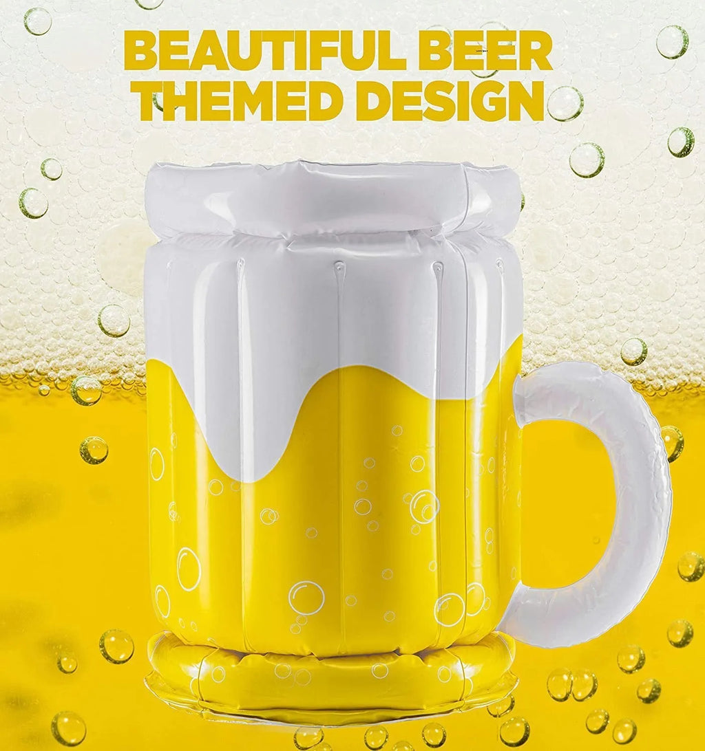 Large yellow inflatable beer mug cooler pool float with drinks, shown in a swimming pool.