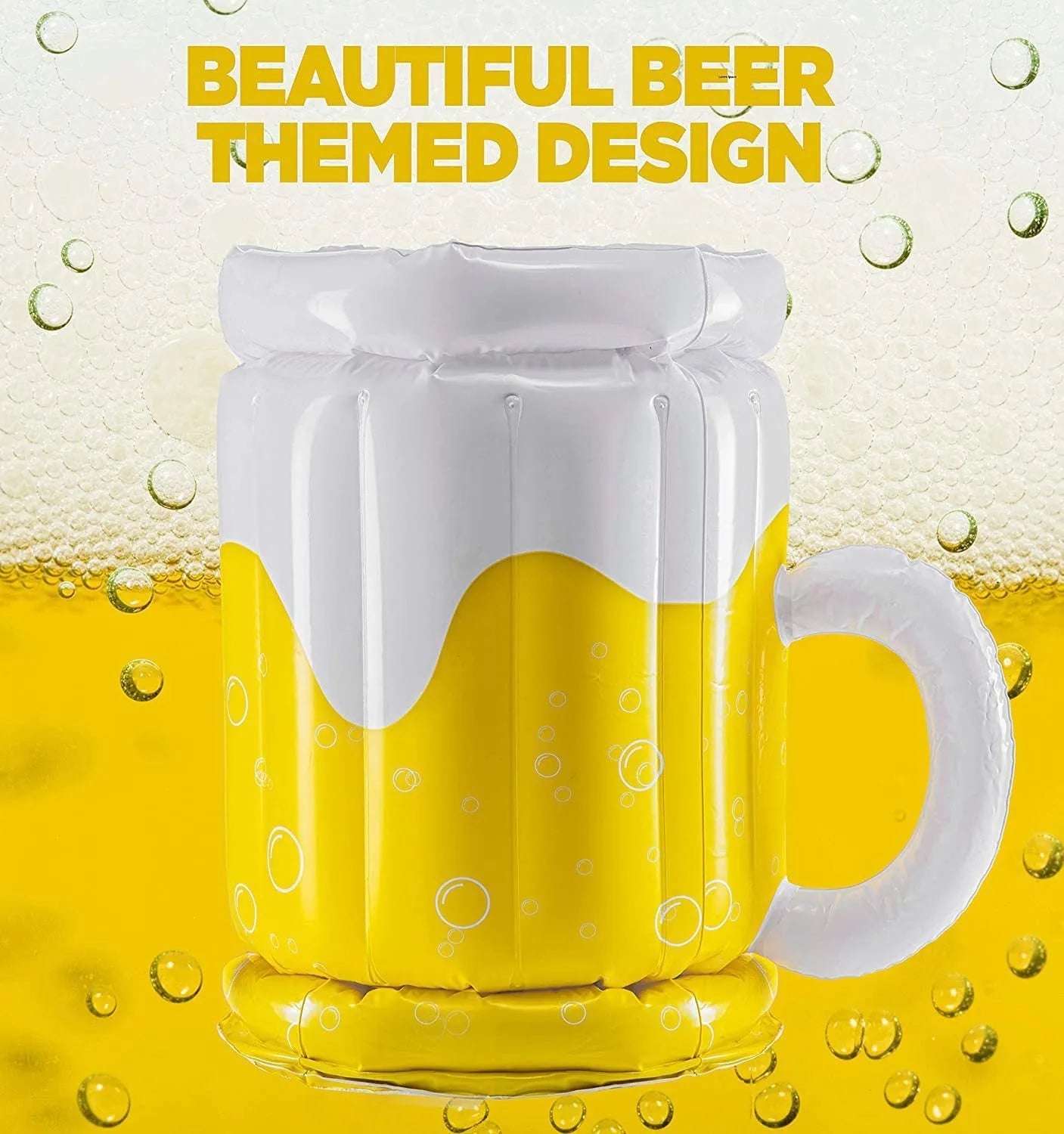 Large yellow inflatable beer mug cooler pool float with drinks, shown in a swimming pool.
