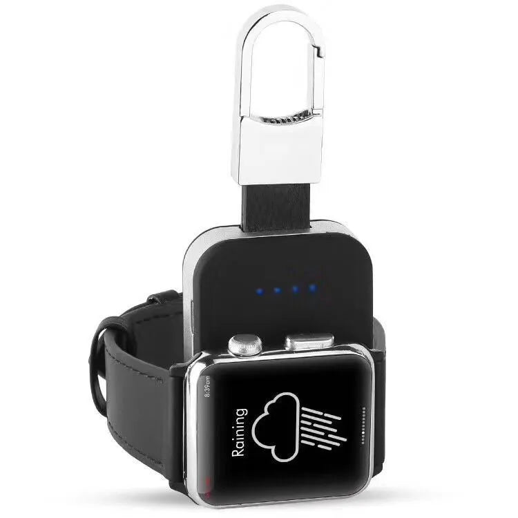 Black Apple Watch wireless keychain power bank on a keyring showing its compact size.