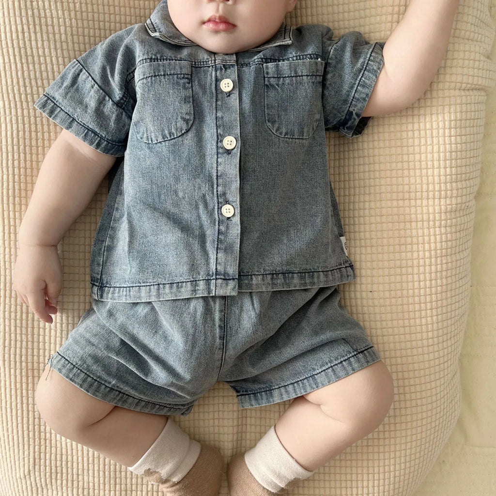 Children's cotton denim summer suit set in light blue with shorts, for heights 73-120cm
