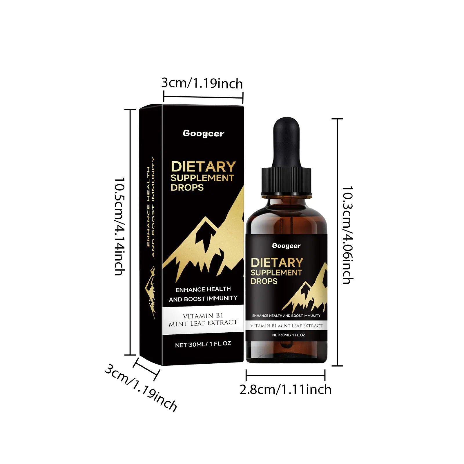 30 ml bottle of clear liquid multivitamin drops with a plastic dropper on a white background.