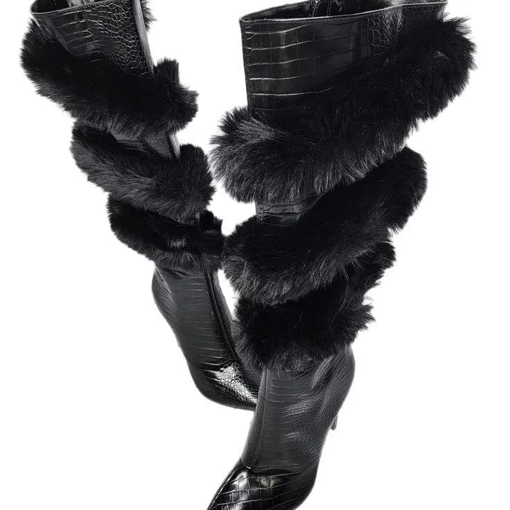 Women's pointed-toe over-the-knee stiletto boots in black leopard print with genuine leather upper and suede finish