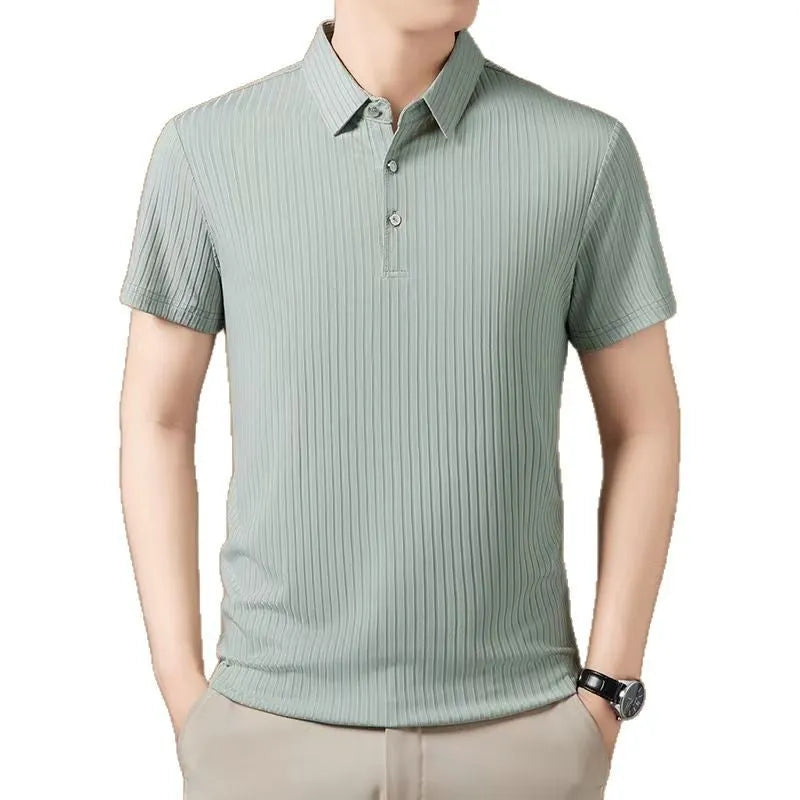 Men's ice silk cut-out lapel polo shirt with stripe pattern in light green – loose fit business casual top