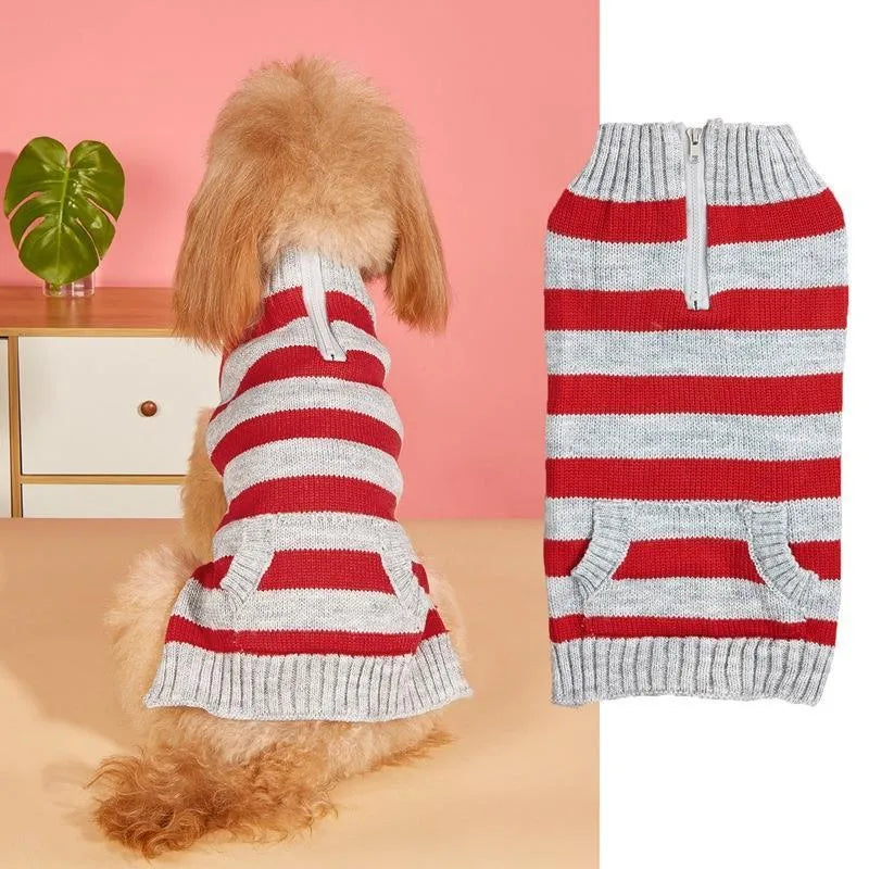 Small medium dog sweater with horizontal zipper and button pocket in contrast colours