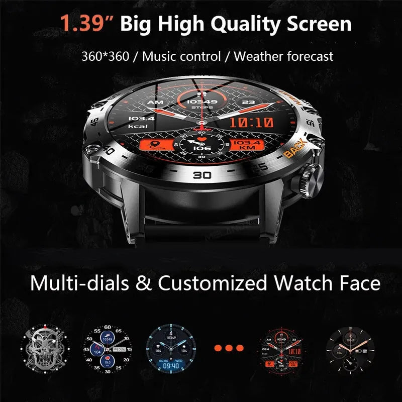 Bluetooth calling smart watch with IPS touch screen on wrist, showing health metrics display