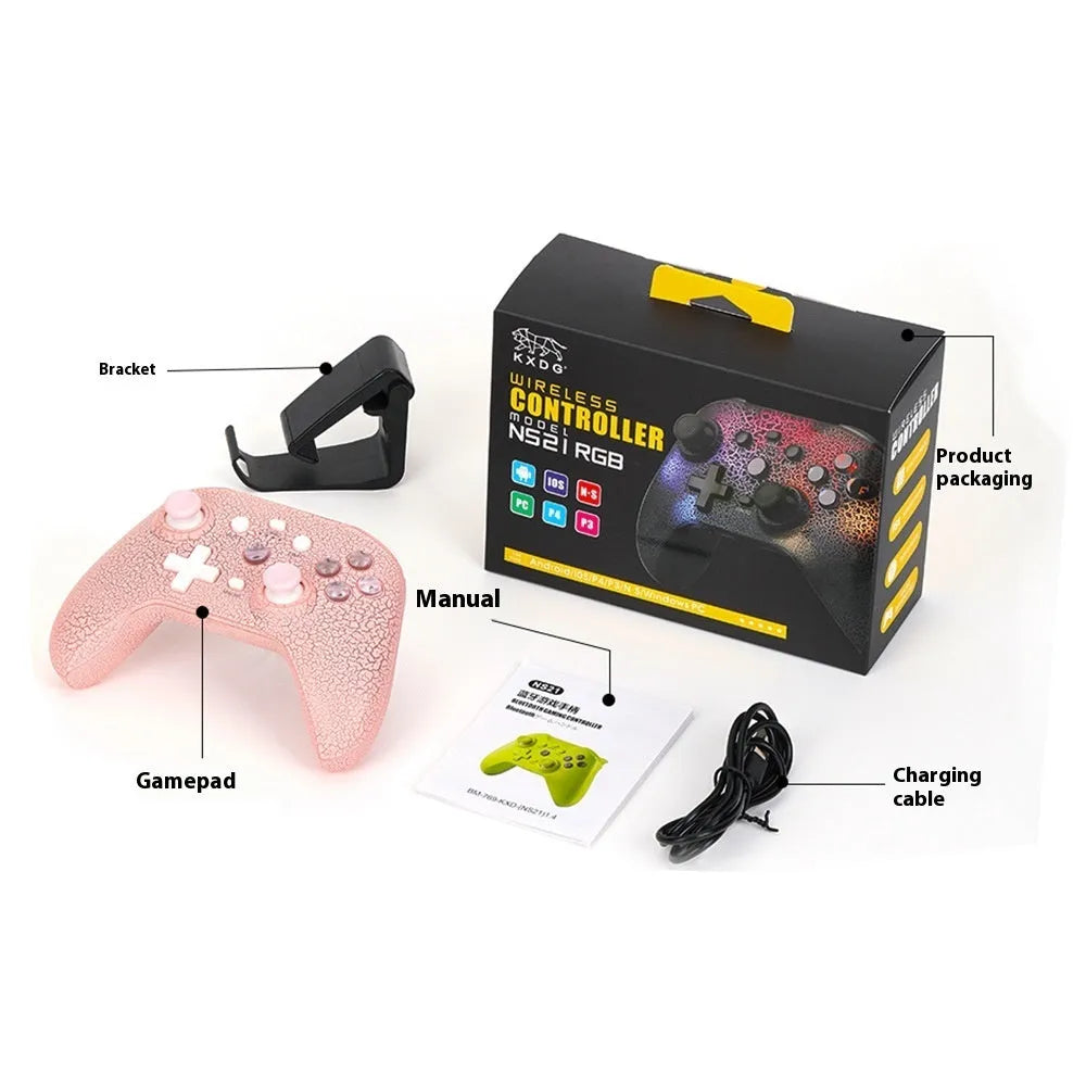 NS21 RGB lamp effect gamepad in black ABS with Type-C port on a desk